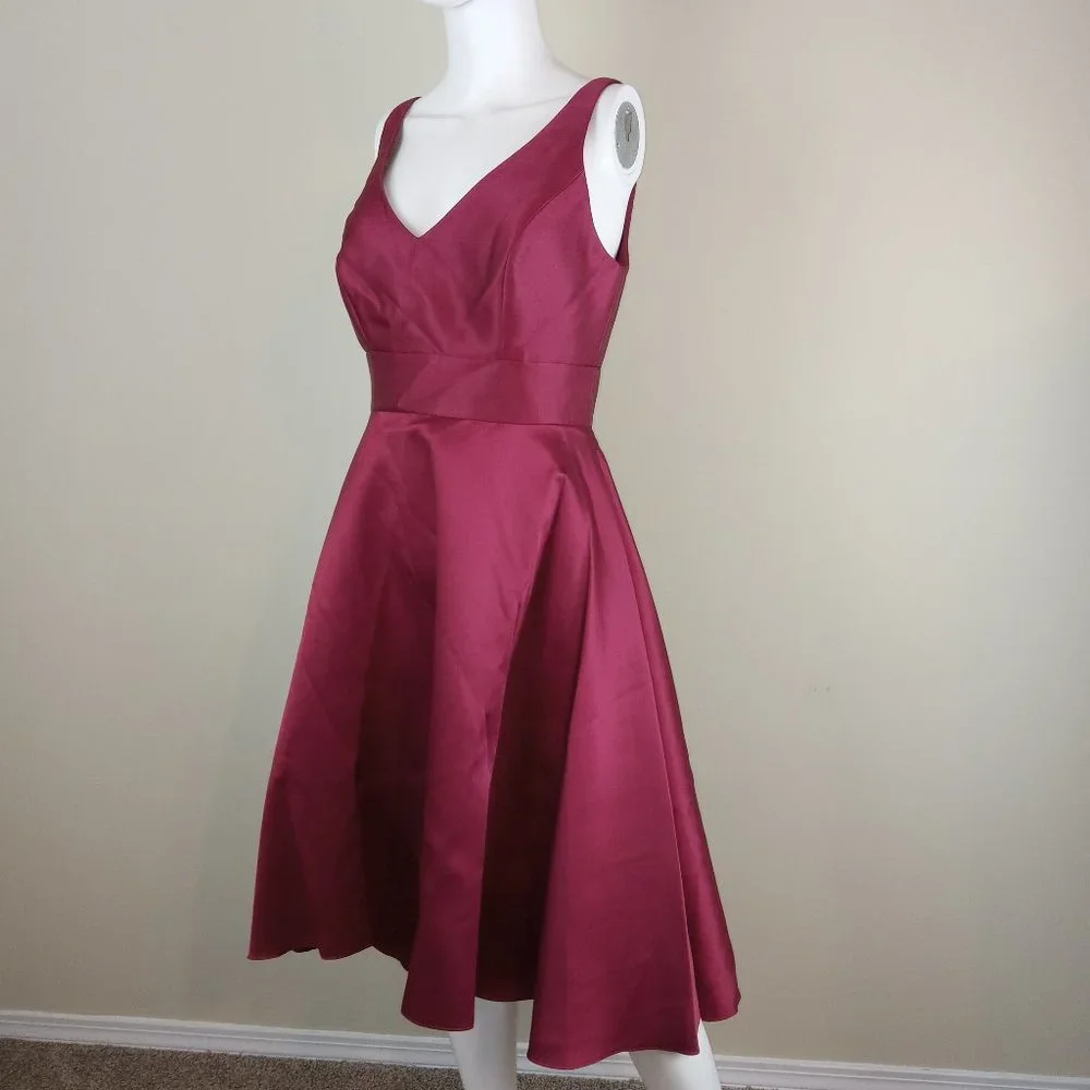 alfred sung burgundy dress Women's Hi-Low Cocktail Size 8 Sateen V-Neck D765 burgundy dress